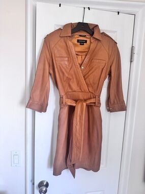 Marciano Cognac 100% Lamb Leather Wrap Mini Dress